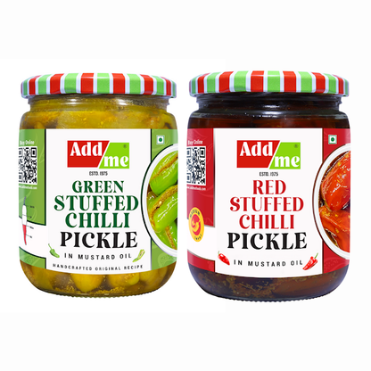 Two jars of Add me pickles, one green chilli pickle and one red chilli pickle , on a white background. chilli pickle